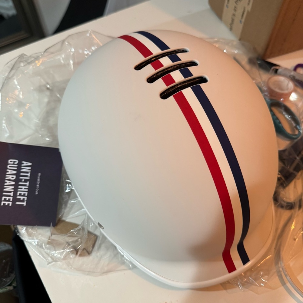 White Helmet with Red and Navy Racing Stripes - Women's Hat